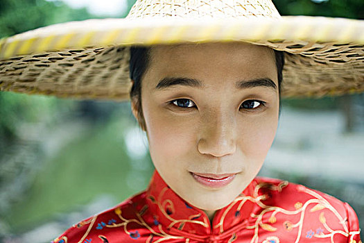 美女,戴着,传统,中国人,衣服,帽子,头像