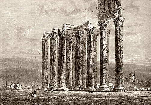 历史,遗址,寺庙,宙斯,奥林匹亚,19世纪,希腊,欧洲