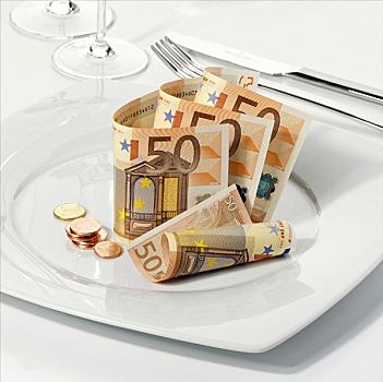 欧元钞票,硬币,盘子