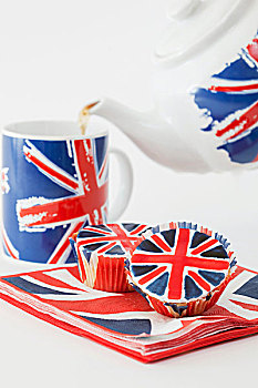 茶,倒出,英国国旗,茶壶,相配,杯形蛋糕