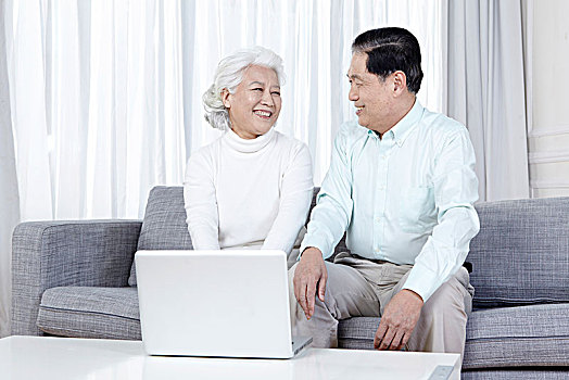 老年夫妇在家中玩电脑