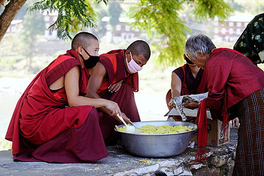 僧侣,米饭,入口,建筑,普那卡宗,要塞,普那卡,地区,不丹,亚洲
