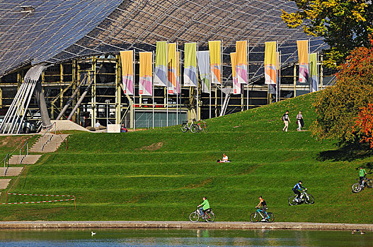 奥运,旗帜,奥林匹克公园,慕尼黑,巴伐利亚,德国,欧洲