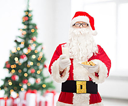 圣诞节,休假,饮料,人,概念,男人,服饰,圣诞老人,牛奶杯,饼干,上方,客厅,树