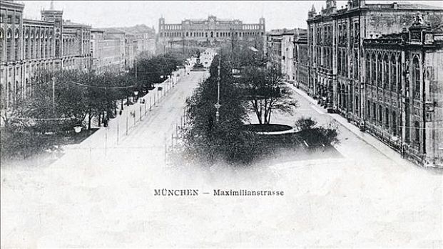 历史,明信片,慕尼黑,马克西米利安,街道,巴伐利亚国会大厦,背景