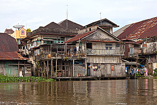 老,木屋,运河,婆罗洲,印度尼西亚,亚洲
