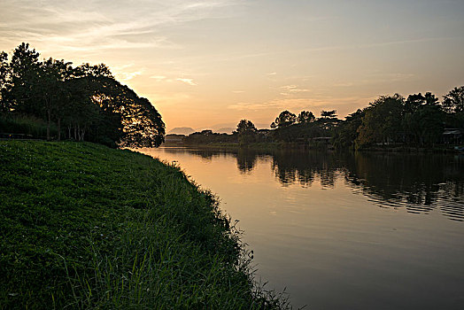 剪影,树,河边,日落,清莱,泰国