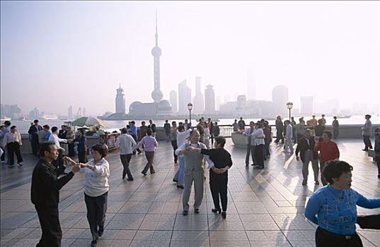 外滩,人,跳舞,浦东,天际线,背景,上海,中国