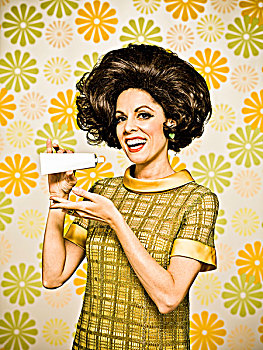 女人,20世纪60年代,风格,连衣裙,花,壁纸,拿着,牙膏