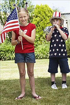 女孩,肖像,拿着,美国国旗,男孩,戴着,星条旗,上面,帽子