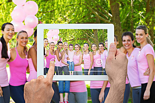 合成效果,图像,握着,平板电脑,微笑,女人,粉色,乳腺癌,意识