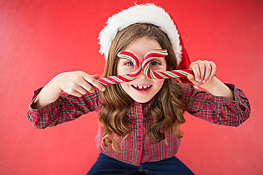 高兴,小女孩,圣诞帽,拿着,拐棍糖