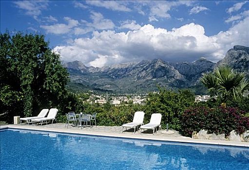 风景,游泳池,折叠躺椅,乡野,酒店,庄园,马略卡岛,巴利阿里群岛,西班牙,欧洲