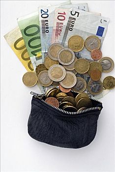 欧元,钞票,硬币,皮夹,拉开拉链