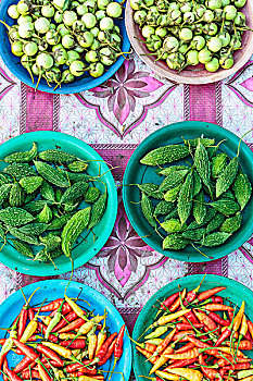 苦瓜,辣椒,泰国茄子,市场,万象,老挝