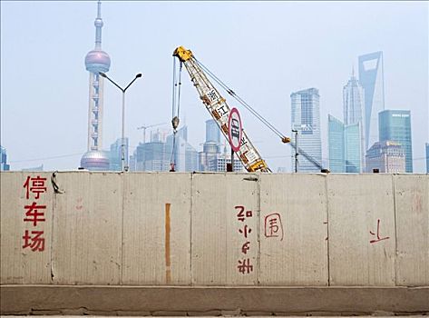 起重机,后面,混凝土墙,外滩,上海,中国