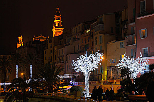老,城镇,教堂,圣诞节,时间,光亮,树,沿岸地区,法国南部,法国,欧洲