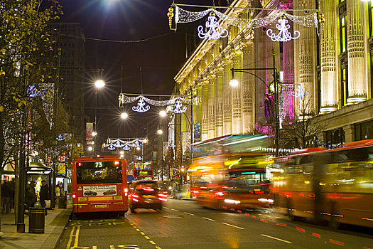 英格兰,伦敦,牛津街,巴士,出租车,旅行,过去,圣诞灯光