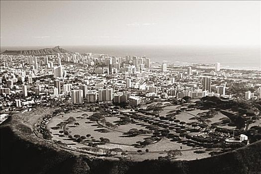 夏威夷,瓦胡岛,俯视,国家,公墓,檀香山,黑白照片