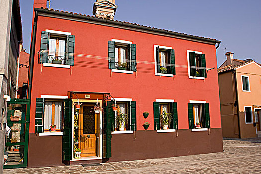 意大利,威尼斯,布拉诺岛,鲜明,橙色,房子,绿色,百叶窗