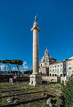 柱子,古罗马广场,图拉真,后面,圣玛丽亚教堂,洛雷托,罗马,拉齐奥,意大利,欧洲
