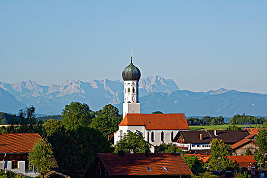 教区教堂,山脉,楚格峰,后面,施塔恩贝格湖,上巴伐利亚,巴伐利亚,德国,欧洲