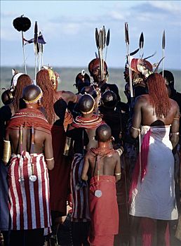 肯尼亚,马罗拉尔,勇士,女孩,唱,跳舞,婚礼,庆贺,长,缠结,社会,黑色,上面