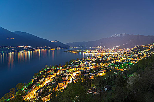建筑,马焦雷湖,阿尔卑斯山,光亮,月光,夜晚,洛迦诺,瑞士,提契诺河