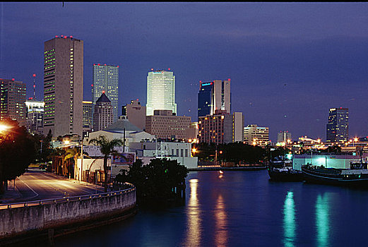 美国,佛罗里达,迈阿密,光亮,摩天大楼,夜晚