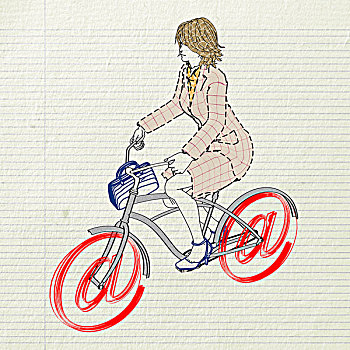 银,冲浪,老太太,骑自行车,轮子,象征,插画