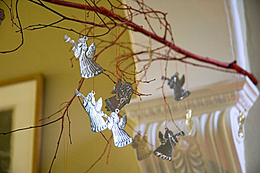银,圣诞节,天使,悬挂,枝条