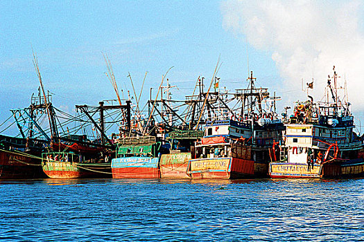 捕鱼,拖船,河,孟加拉