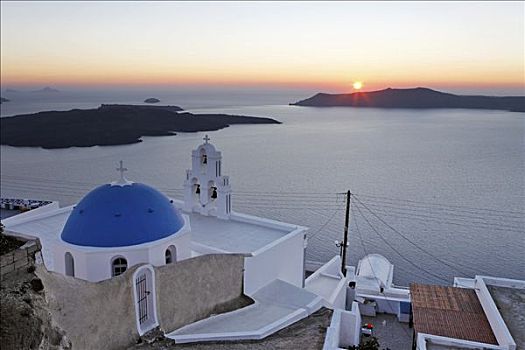 教堂,日落,锡拉岛,希腊