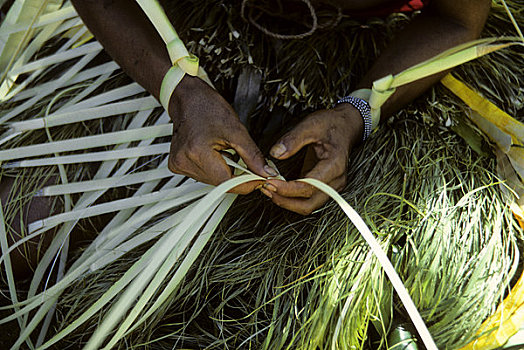密克罗尼西亚,岛屿,女孩,编织,棕榈叶,项链