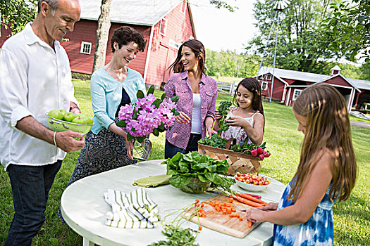 家庭聚会,桌子,沙拉,新鲜水果,蔬菜,父母,孩子