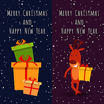 圣诞快乐,新年快乐,收集,两个,旗帜,许多,节日,盒子,礼物,插画,微笑,鹿,黄色,礼盒,卡通,风格,设计,矢量