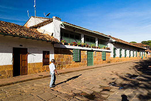 白房子,鹅卵石,街道,殖民地,城市,桑坦德,哥伦比亚,南美