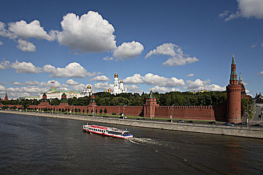 俄罗斯,莫斯科,克里姆林宫,莫斯科河,游船,墙,旗帜,数码,上方