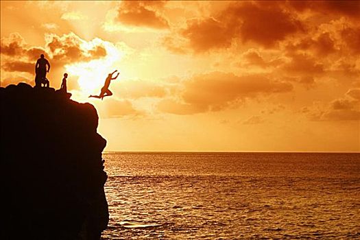 夏威夷,瓦胡岛,北岸,威美亚湾,剪影,男孩,跳跃,石头,日落