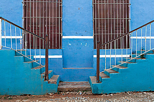 加勒比,古巴,特立尼达,两个,楼梯,正面,蓝色,户外,建筑
