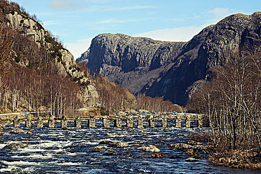 老,步行桥,穿过,河,罗加兰郡,挪威