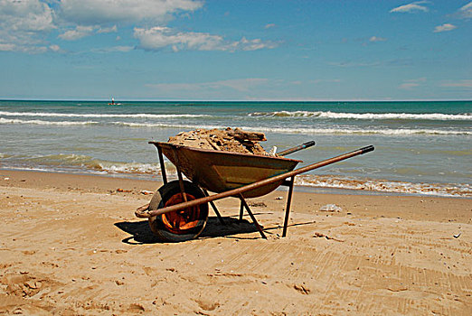 手推车,沙子,海滩,里米尼,意大利,欧洲