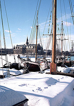 瑞典,斯德哥尔摩,船,前景,教堂,远景,雪