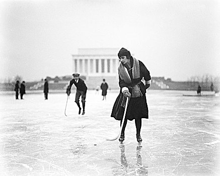 女人,滑冰,冰球棍,林肯纪念堂,背景,华盛顿特区,美国,一月,人,冰,冬天,历史