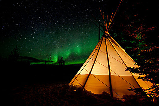 光亮,圆锥形帐篷,北方,极光,北极光,绿色,靠近,育空地区,加拿大