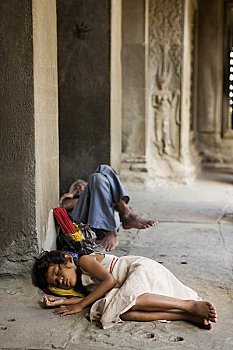 无家可归,人,睡觉,吴哥窟,柬埔寨