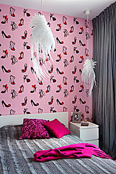 卧室,灰色,粉色,古怪,吊坠,灯,白色,灯罩,形状,翼,壁纸