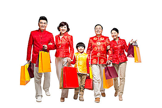 棚拍中國(guó)新年快樂(lè)的唐裝家庭購(gòu)物