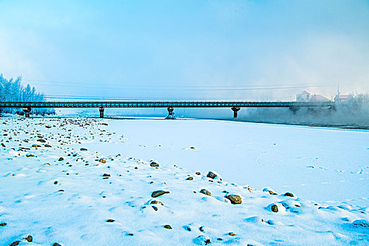 冬日,雪景,雪地,蓝天,桥