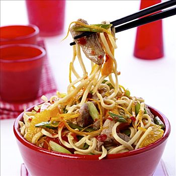 筷子,拿着,亚洲,炒食,肉,蔬菜,橘子